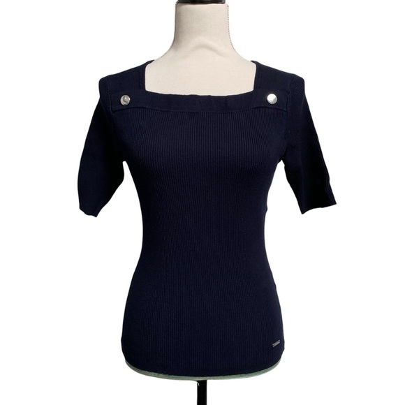 Tahari Navy Ribbed Square Neck Elbow Sleeve Sweater Button Detail Size Small - Picture 1 of 11